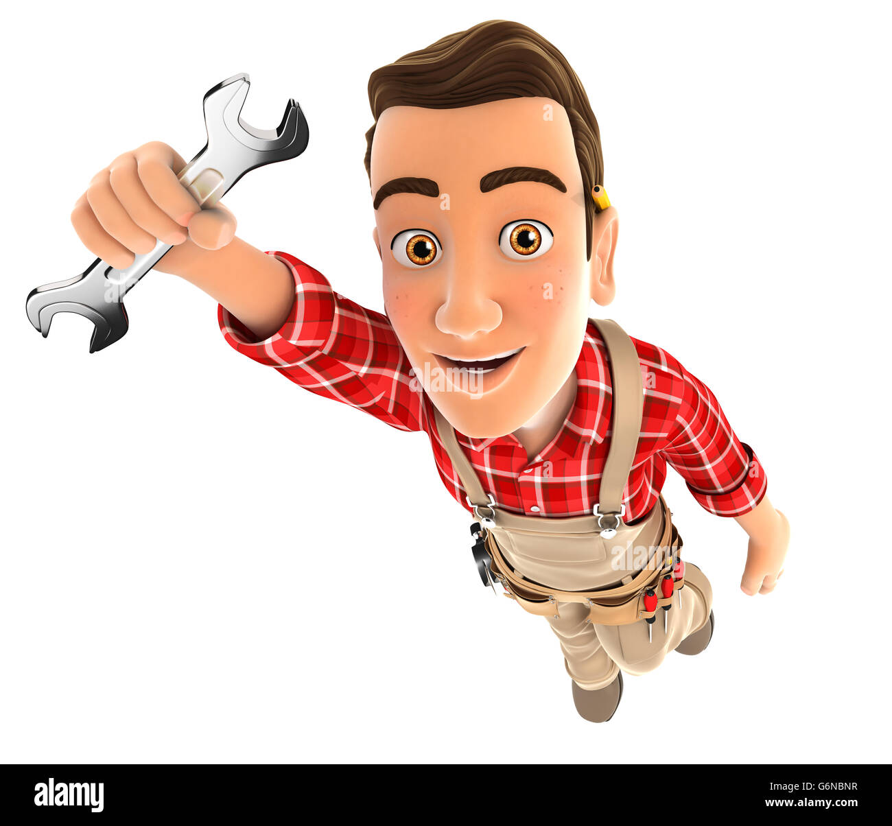 3d handyman flying and holding a wrench, illustration with isolated