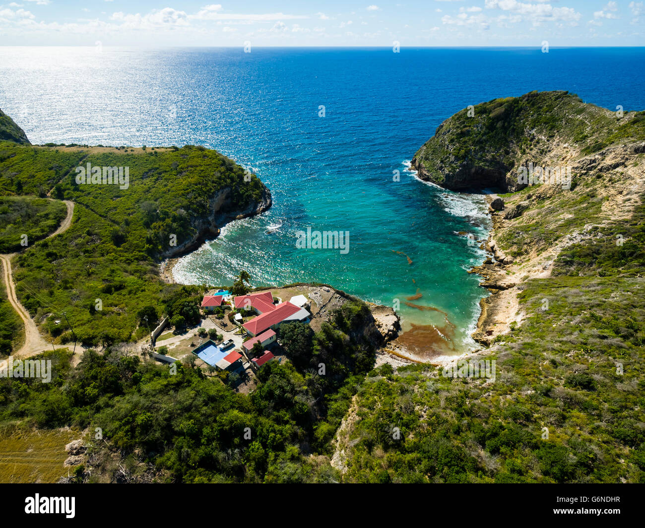 West Indies, Antigua and Barbuda, Antigua, aerial view, Half Moon Bay Stock Photo