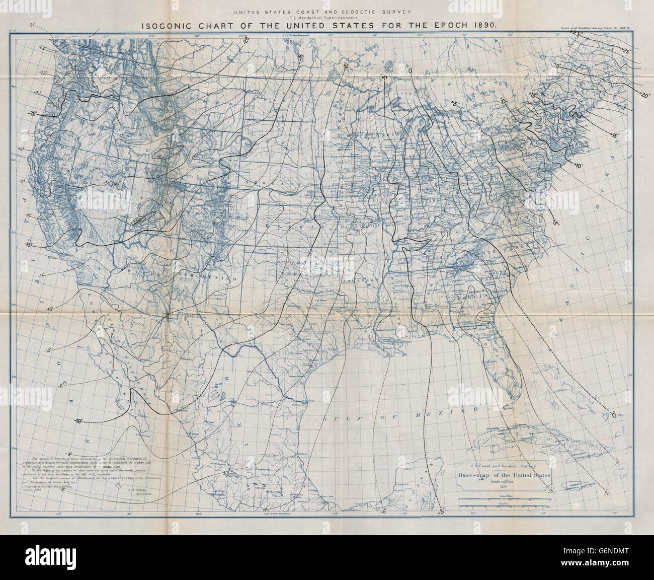 UNITED STATES:Isogonic chart for epoch 1890.Magnetic declination.USCGS, 1889 map Stock Photo