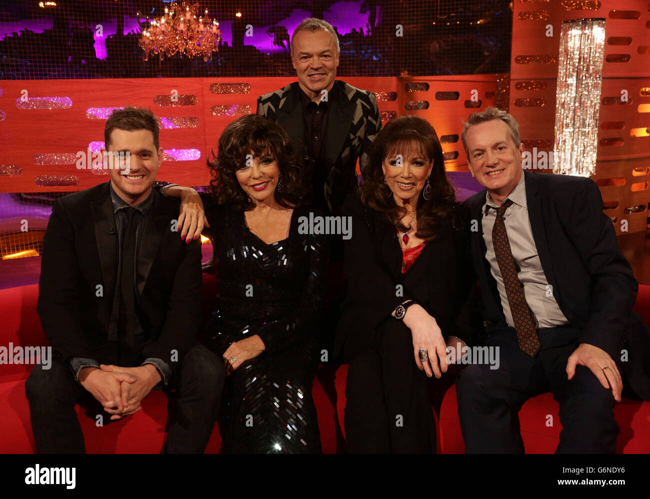 Michael Buble, Joan Collins, Graham Norton, Jackie Collins and Frank Skinner during the filming of the New Year's Eve Graham Norton Show, at The London Studios, south London, to be aired on BBC One on Tuesday evening. Stock Photo