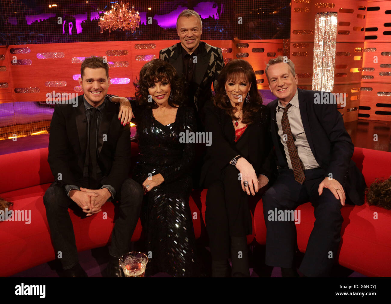 Michael Buble, Joan Collins, Graham Norton, Jackie Collins and Frank Skinner during the filming of the New Year's Eve Graham Norton Show, at The London Studios, south London, to be aired on BBC One on Tuesday evening. Stock Photo