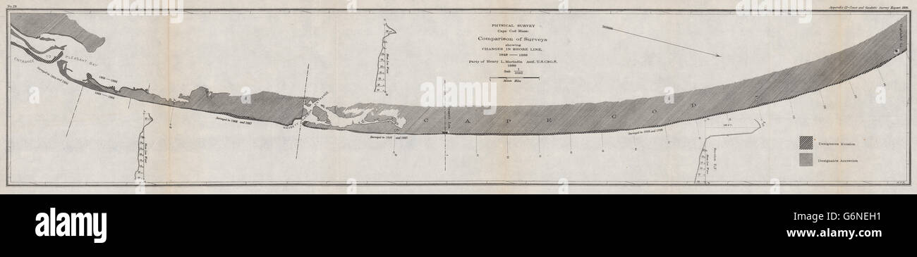 CAPE COD COAST CHART: Shore line changes 1848–88. Massachusetts. USCGS, 1889 map Stock Photo