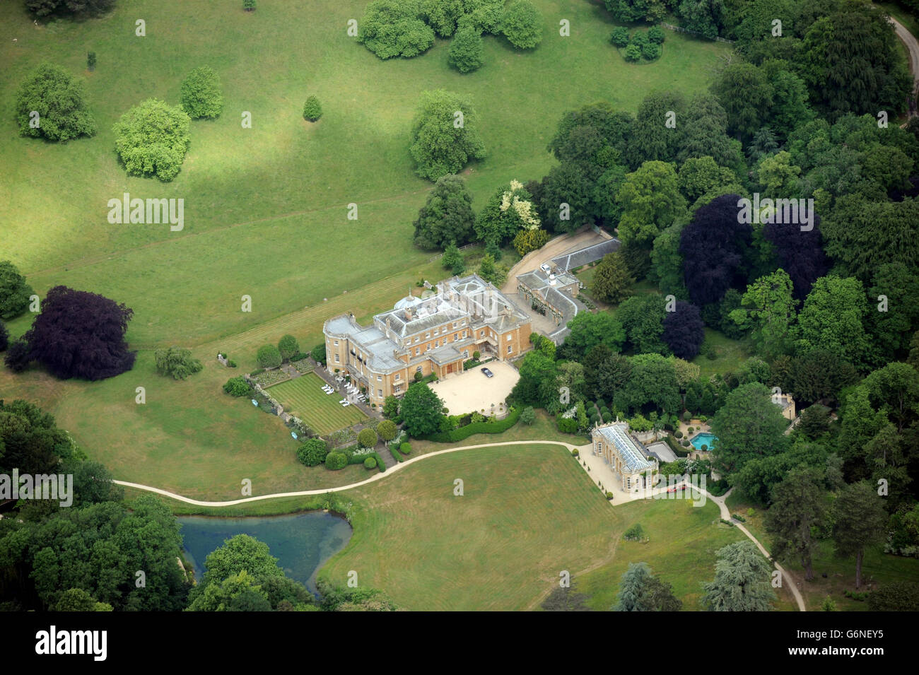 Aerial view of Daylesford House near Stow-on-the-Wold, Gloucestershire UK - home of JCB boss Sir Anthony Bamford Stock Photo