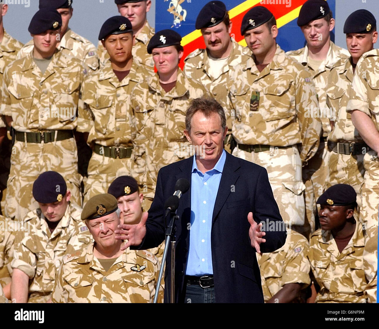 British Prime Minister Tony Blair addresses troops as he arrives in Basra for a surprise visit to British soldiers in Iraq. Stock Photo