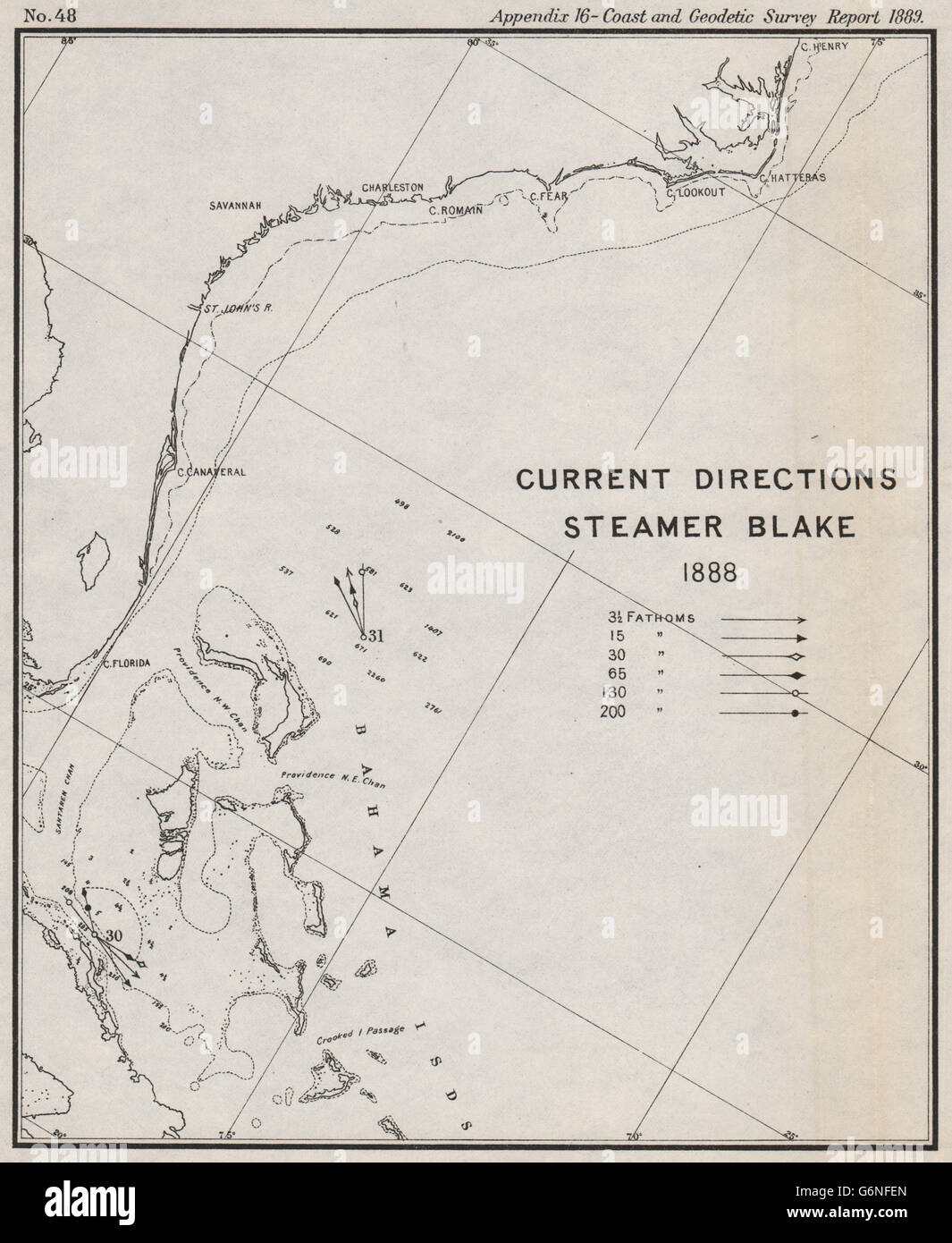 USA BAHAMAS: Ocean current directions 1888. Gulf Stream. USCGS, 1889 old map Stock Photo