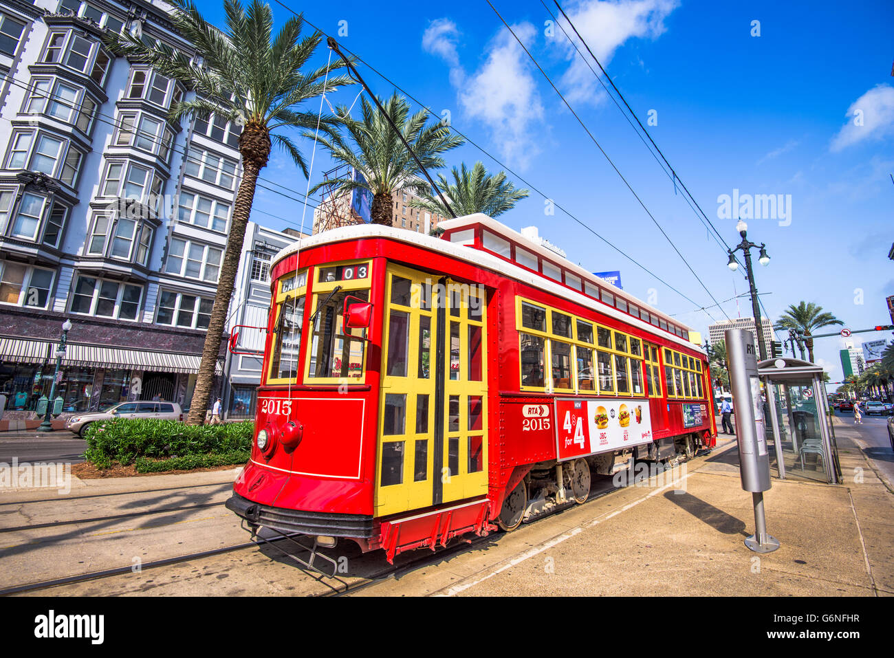 A streetcar in downtown New Orleans, Louisiana, USA. Stock Photo