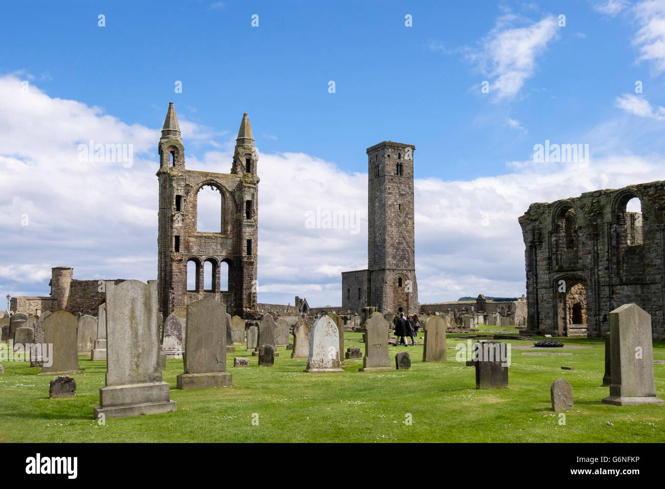 Ruins of East Tower and St Rule's tower in St Andrew's cathedral. Royal Burgh of St Andrews, Fife, Scotland, UK, Britain Stock Photo