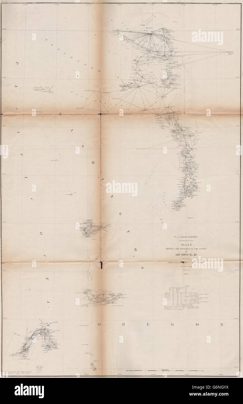 WASHINGTON COAST: Columbia River Seattle Tacoma Puget Sound. USCGS, 1871 map Stock Photo