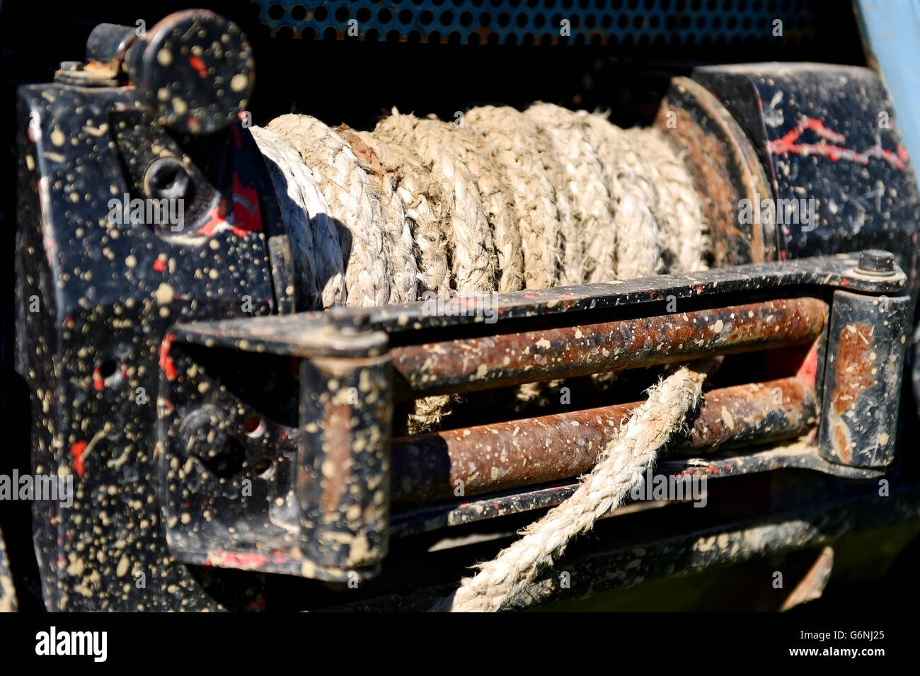 Detail shot with heavy duty rope winch on a off road truck Stock Photo