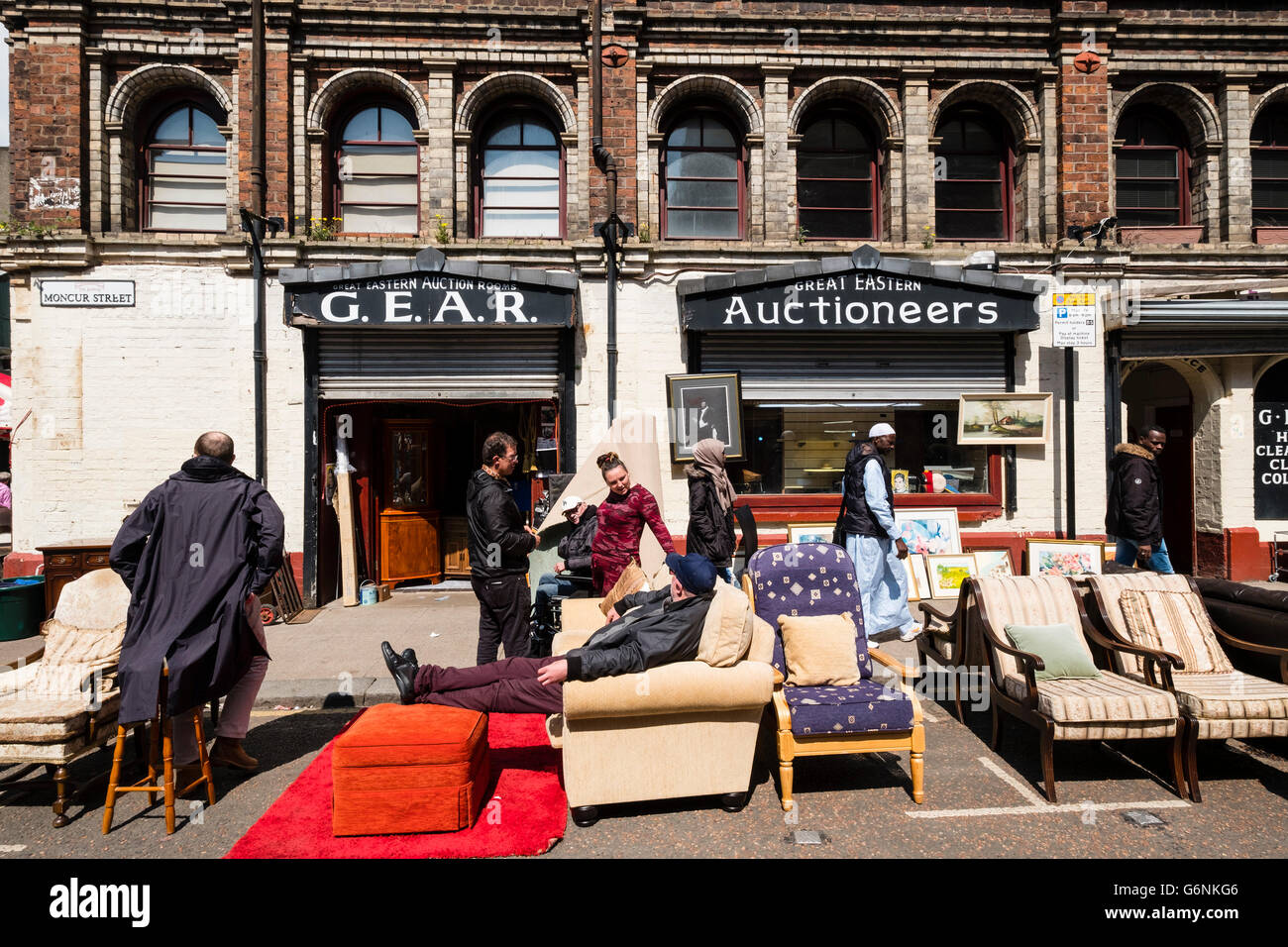 Exterior of second hand furniture shop at Barras Market in Gallowgate Glasgow, United Kingdom Stock Photo