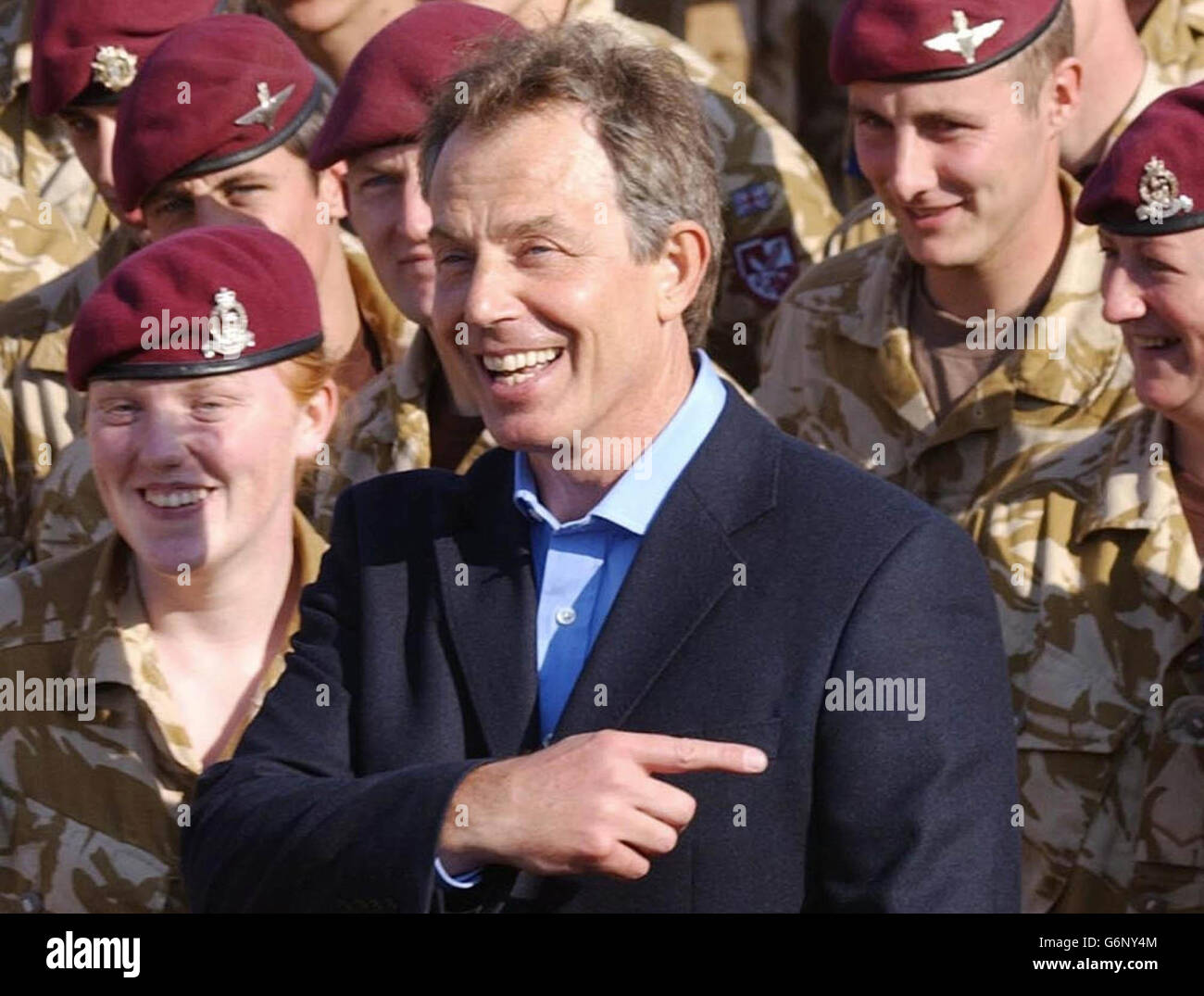 British Prime Minister Tony Blair meets troops after he arrived in Basra for a surprise visit to British soldiers in Iraq. Stock Photo