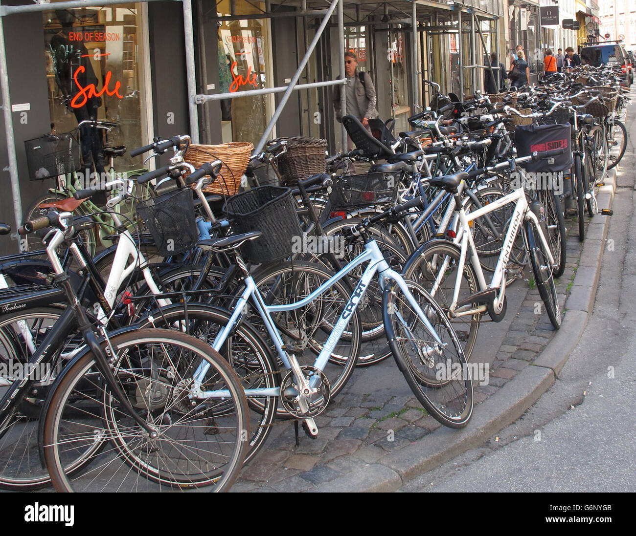 Travel pictures of Copenhagen. Bicycles parked on a street in Copenhagen, Denmark. Stock Photo
