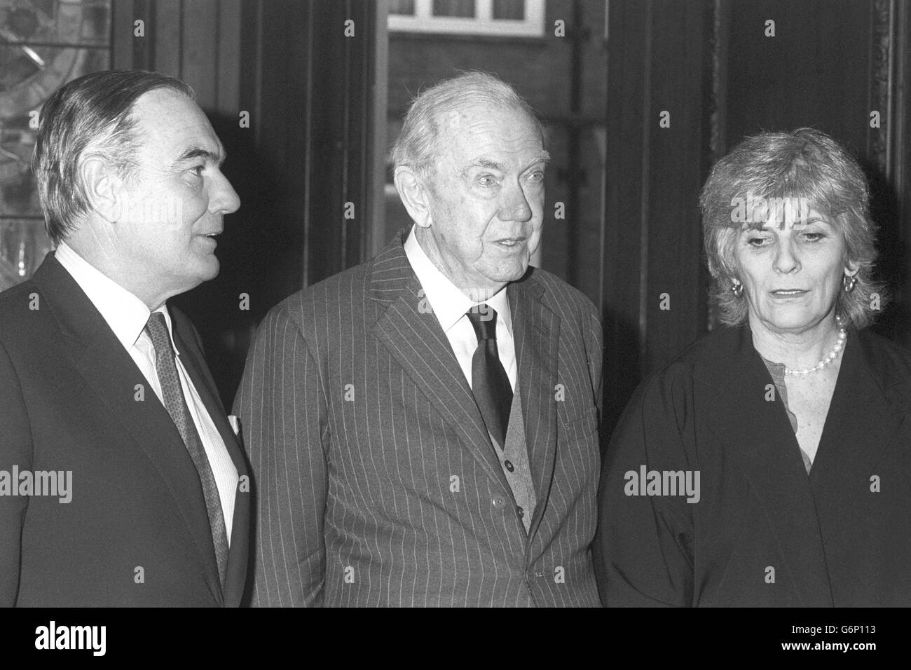 (From l-r) Industrialist Sir Peter Parker, novelists Graham Greene and Elizabeth Jane Howard at a lunch-time launch of the Book Marketing Council's controversial promotion Best Novels Of Our Time at the Stationers' Hall, Ludgate Hill, London. Mr Greene's novel 'The Honorary Consul' was listed as one of the best novels and Sir Peter and Miss Howard are panel members. Stock Photo