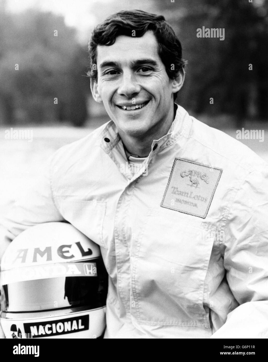 Brazilian racing driver Ayrton Senna, 27, who is again driving for Lotus this season under their new sponsor 'Camel Cigarettes' and with new engines by Honda. Stock Photo