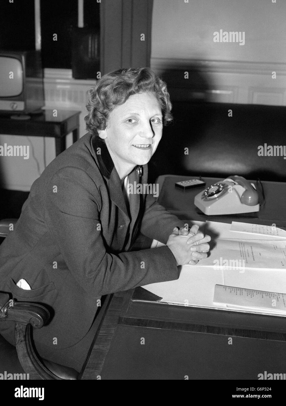 New woman member of Harold Macmillan's government, Miss Mervyn Pike, is pictured at the General Post Office Headquarters, London. She was appointed Assistant Postmaster General in the Prime Minister's post-election government reconstruction. Stock Photo