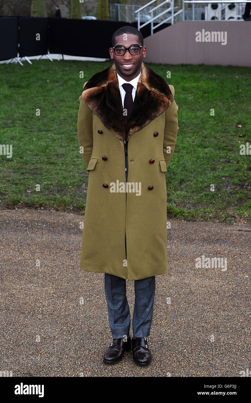 Tinie Tempah arriving for the Burberry Prorsum Menswear show as part of the British Fashion Council s London Collections at Kensington Gardens Kensington Gore London Stock Photo Alamy