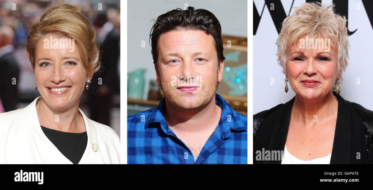 File photos of (from the left) Emma Thompson, Jamie Oliver and Julie Walters. Stock Photo