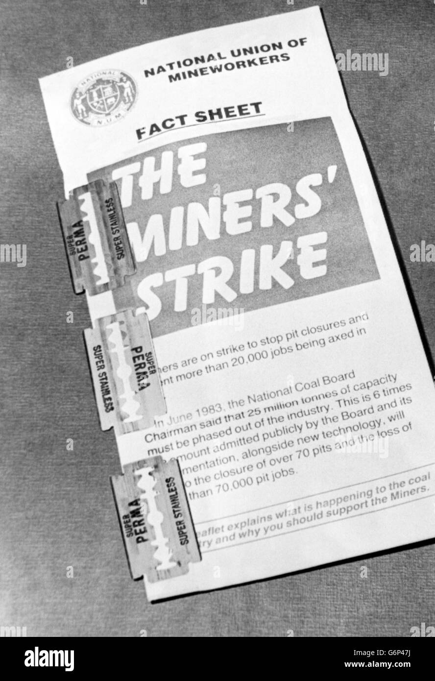 One of the NUM leaflets that was sent with razor blades attached to NCB secretaries and management at Bolsover Colliery, Derbyshire. Stock Photo