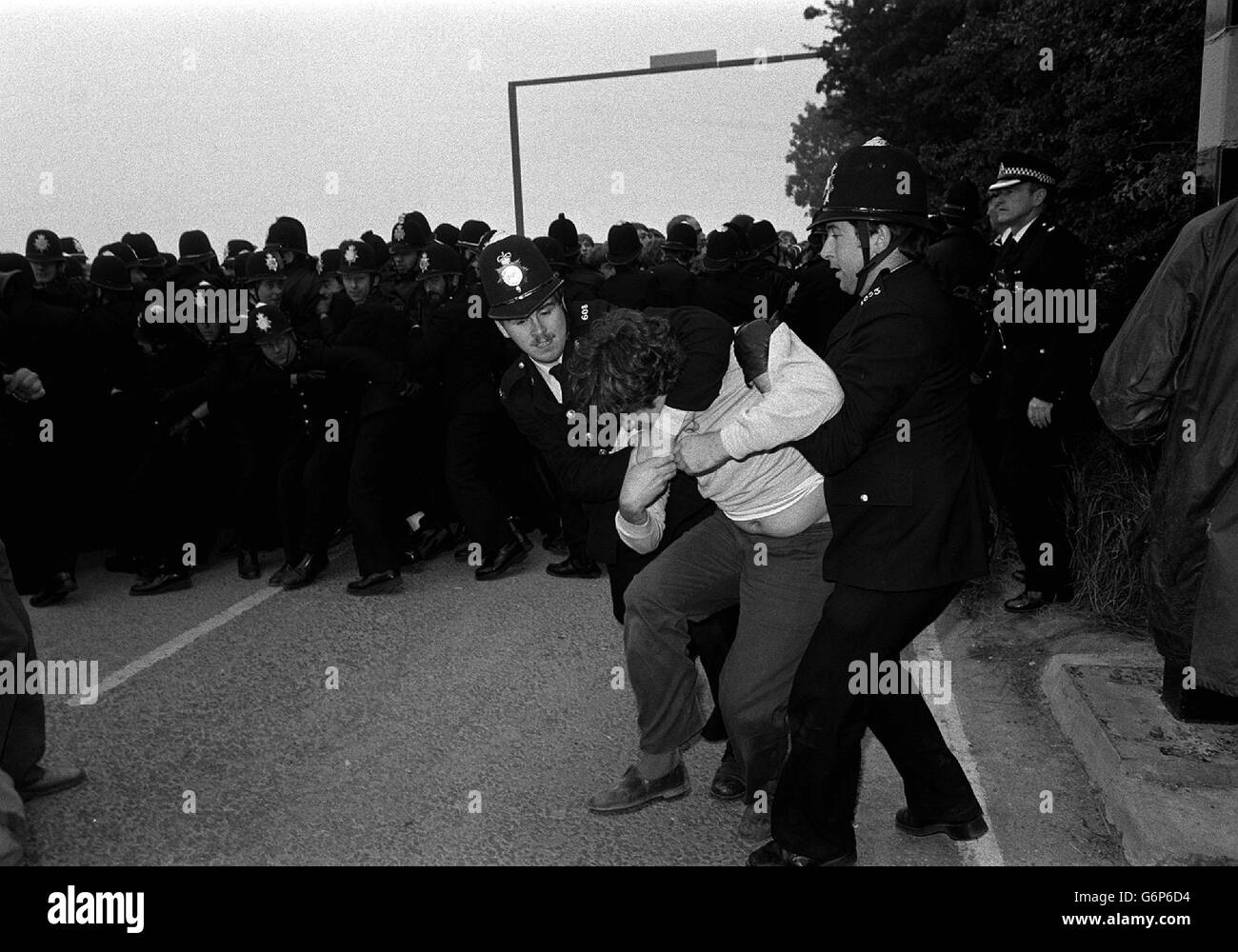 Police grapple with a picket as police lines hold other pickets back at Gascoigne Wood drift mine near Selby. Violence flared outside the mine as some 3000 pickets waited for the arrival of rebel pit worker Brian Green, due for his fifth strike breaking day. Stock Photo