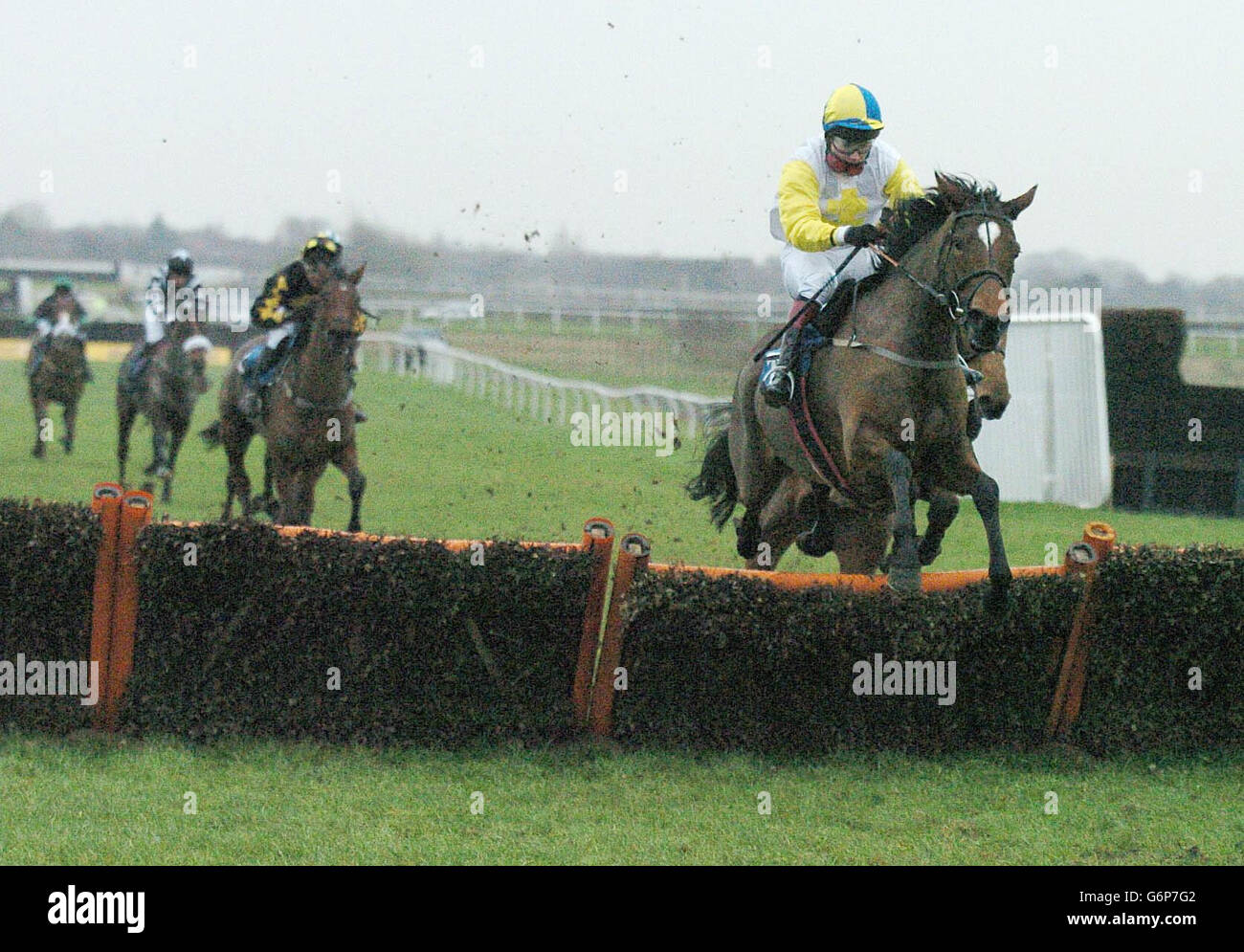 Karyon and F. Keniry (right) jump the last hurdle on their way to victory in the Bradford Juvenile Selling Hurdle at Catterick Races, Thursday 15th January. PA Photo: John Giles Stock Photo