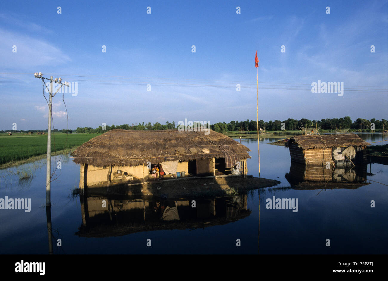 India Bihar , submergence at Bagmati river a branch of ganges due to heavy monsoon rains and melting Himalaya glaciers, flooded house Stock Photo