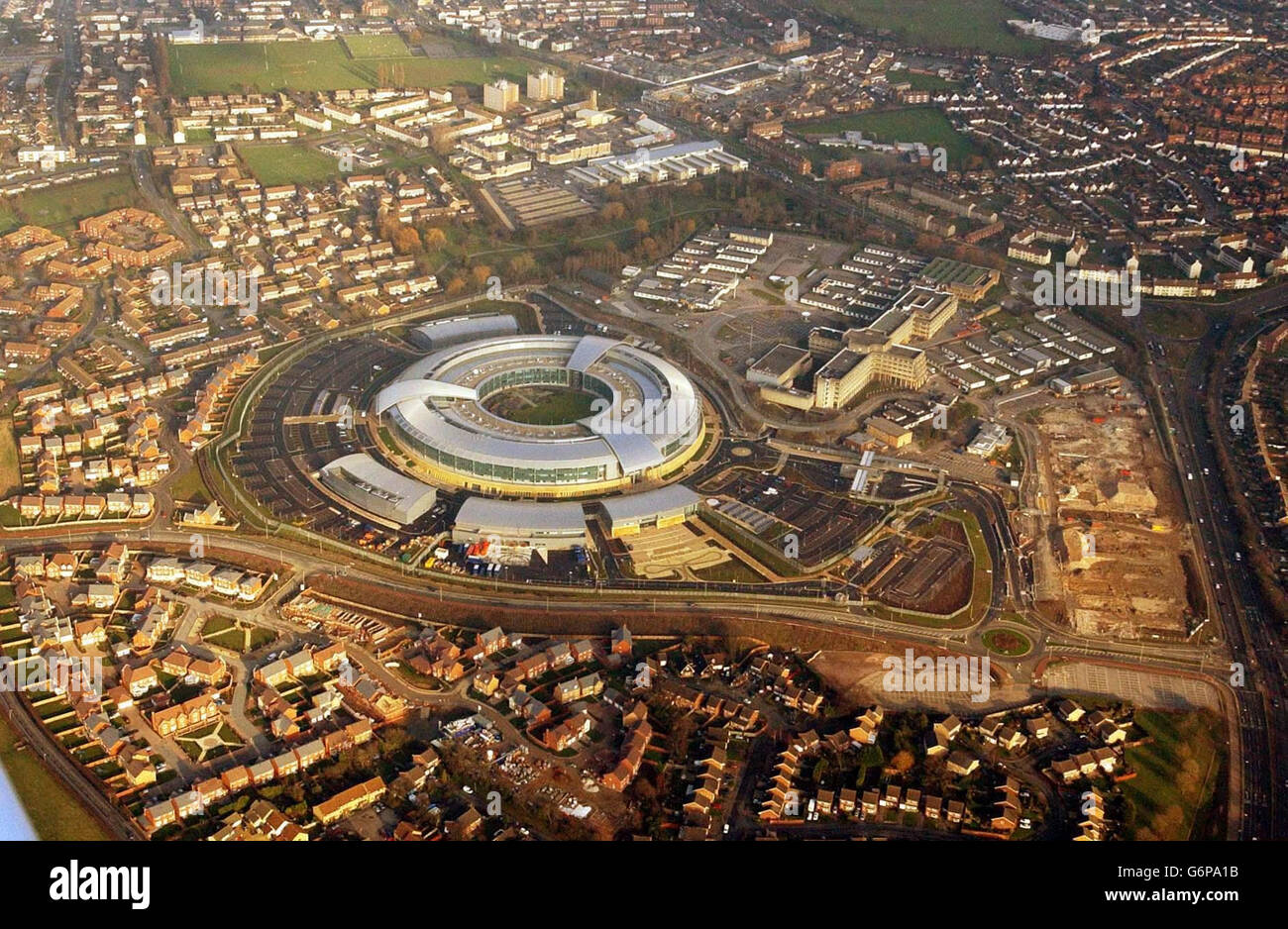 The new Government Communication Headquarters (GCHQ) on the west of Cheltenham. 1,500 of the 4,000 staff have already moved into the 330 million building, known locally as the 'doughnut', which is due for completion later this year. GCHQ houses some of the most powerful computers in Europe and intercepts intelligence across a wide range of communications to provide support to organisations fighting drugs trafficking, arms proliferation and terrorism. Stock Photo