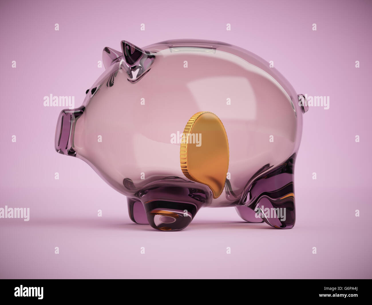 Transparent glass piggy bank with golden coin inside concept 3d ...