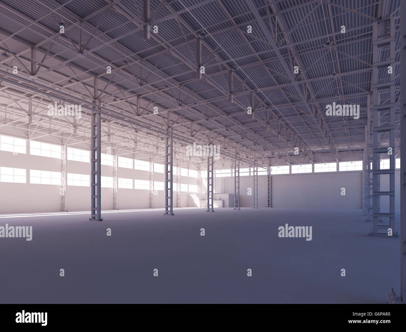 Contemporary empty white warehouse illuminated by sunlight interior 3d