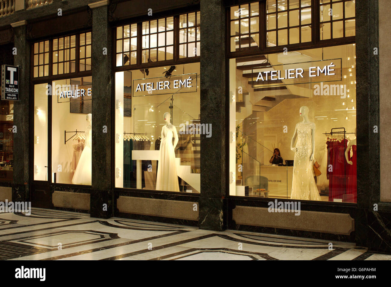 Atelier Emé women luxury high fashion shopping windows in Turin fashion avenue, Galleria San Federico Stock Photo