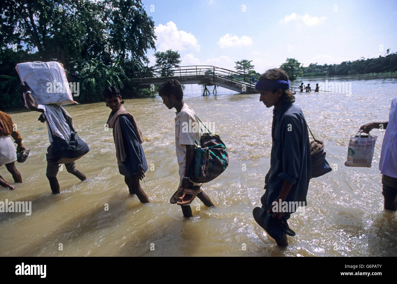 India Bihar , submergence at Bagmati river a branch of ganges due to heavy monsoon rains and melting Himalaya glaciers, broken bridge and road Stock Photo