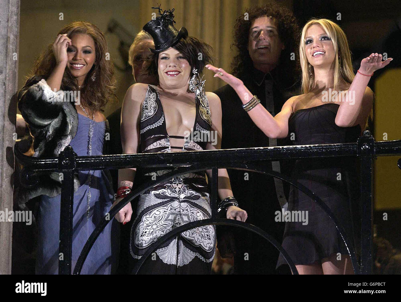 From left to right) singers Beyonce Knowles, Pink, and Britney Spears  during the Pepsi Gladiator TV Commercial global premiere at the National  Gallery in Trafalgar Square, central London. Behind them are Queen