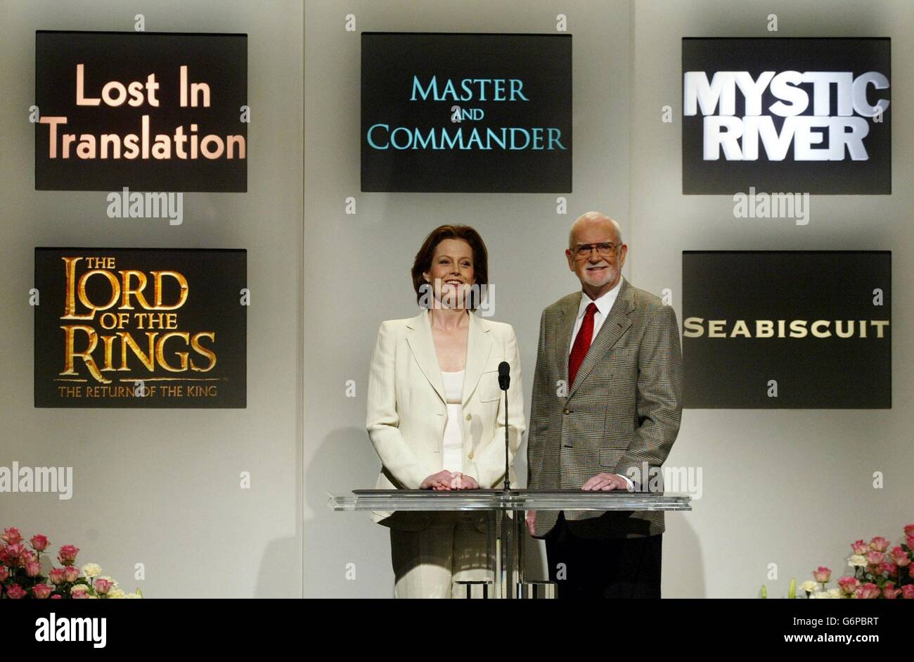 Actress Sigourney Weaver and Frank Pierson, president of the Academy of Motion Picture Arts and Sciences announce the nominations for the 76th Annnual Academy Awards at a news conference in Beverly Hills, California. Stock Photo