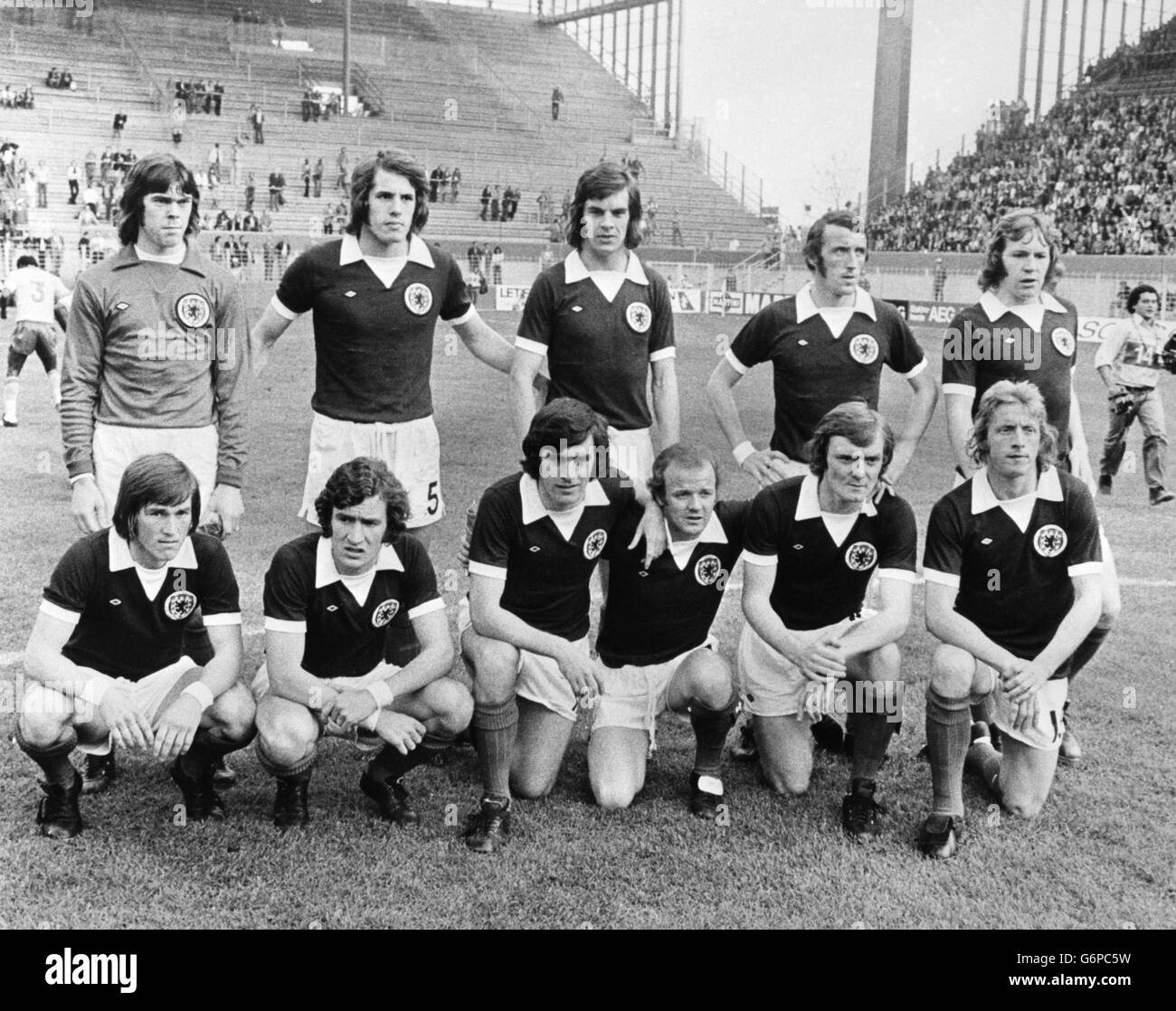 The Scotland team before the Group Two World Cup match against Zaire at the Westfalenstadion in Dortmund. (Back row, l-r) David Harvey, Jim Holton, Joe Jordan, Danny McGrain and John Blackley. (Front row, l-r) Kenny Dalglish, Sandy Jardine, Peter Lorimer, Billy Bremner, David Hay and Denis Law. Stock Photo