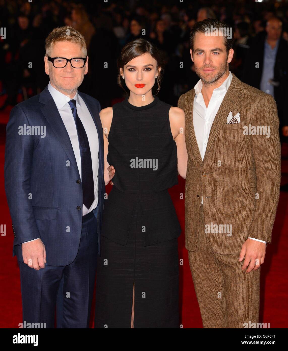 Director Kenneth Branagh, Keira Knightley and Chris Pine arrive at the European film premiere for Jack Ryan at the Vue cinema, Leicester Square, London. Stock Photo