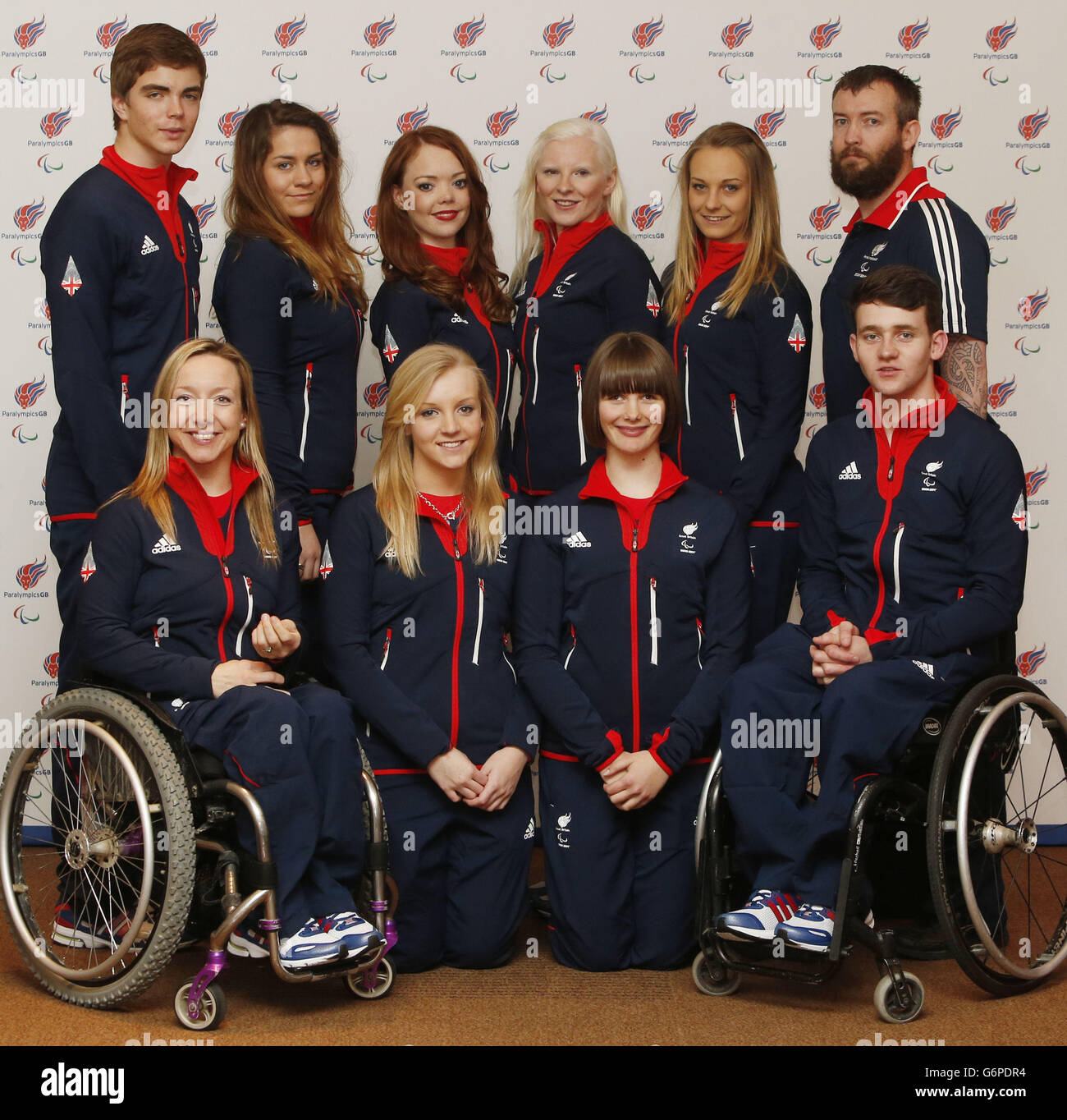 Alpine Skiing team back left to right James Whitley, Caroline Powell (Guide to Jade Etherington), Jade Etherington, Kelly Gallagher, Charlotte Evans (Guide to Kelly Gallagher) and Mick Brenna. With front left to right Anna Turney, Rachael Ferrier (Guide to Millie Knight), Millie Knight and Ben Sneesby, during the Paralympic Team GB Launch for Sochi at the Radisson Blu Hotel, Glasgow. Stock Photo