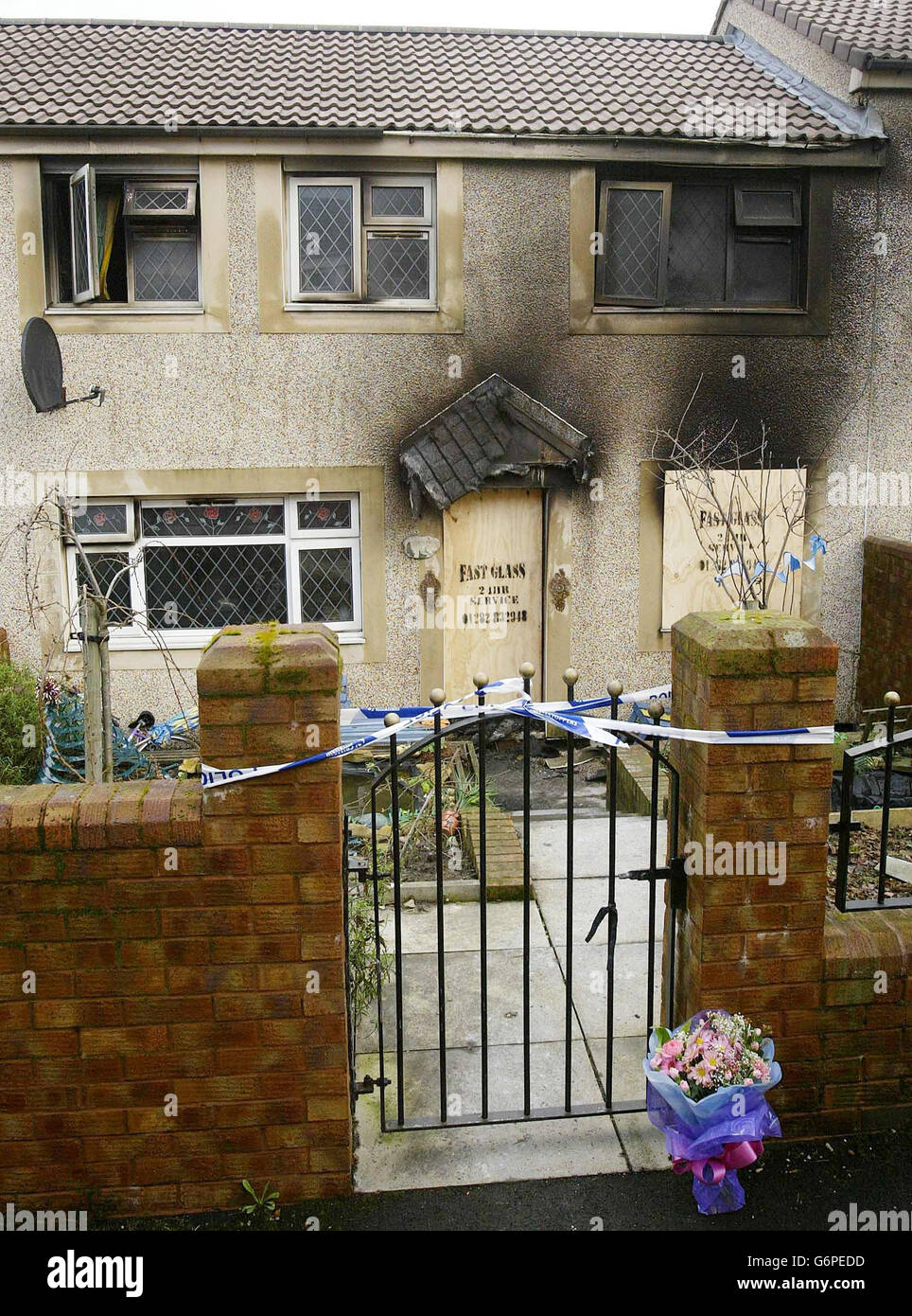The scene of the house fire in Lancaster Drive, Padiham, near Burnley, where three young sisters died. Louise Waddington, 11, and her sisters Hayley, 10, and Gemma, seven, died despite their mother's desperate attempts to save them. Stock Photo