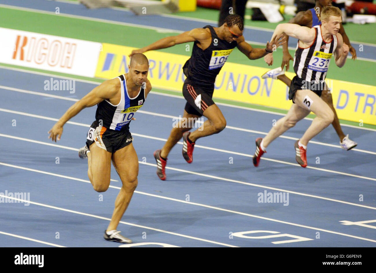 Jason Gardener (left) of Wessex and Bath wins the Men's 60 metres final ...