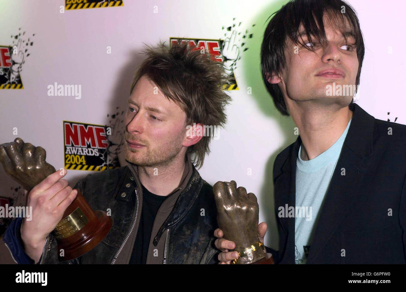 Radiohead with their awards for Best Video and Best Album during the NME  Awards at Hammersmith Palais in west London. The annual music awards are  decided by a readers' poll in NME
