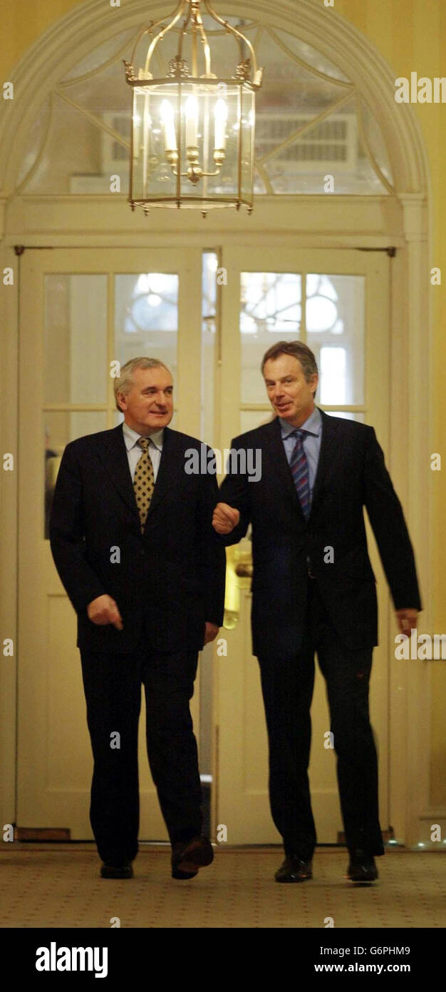 Irish Prime Minister Bertie Ahern (left) meets British Prime Minister Tony Blair at Downing Street, London. Stock Photo