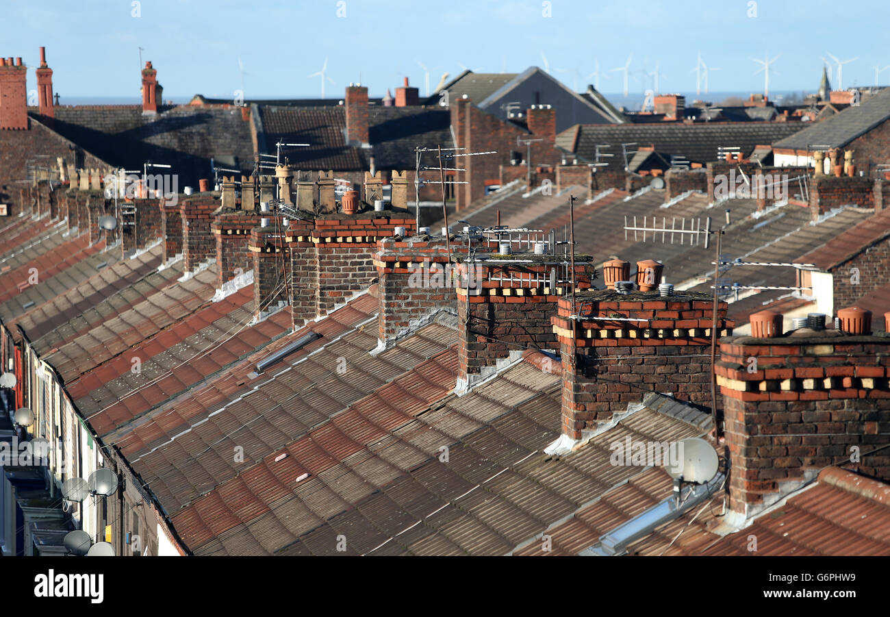 Terraced houses and rooftops in Everton, Liverpool, Merseyside Stock