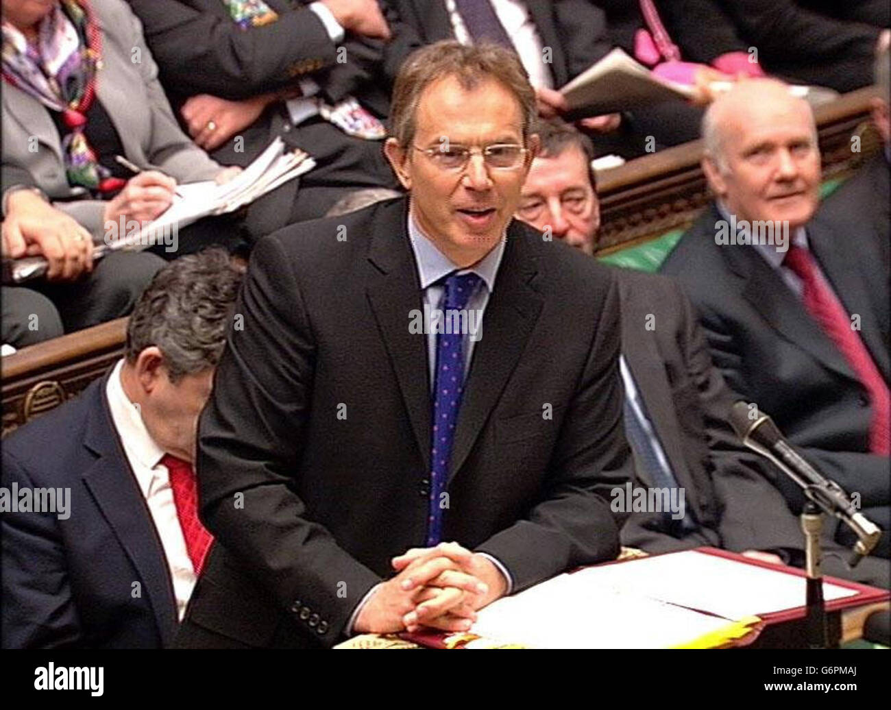 Prime Minister Tony Blair during his regular weekly Question Time in the House of Commons, London. Mr Blair took questions from MP's ahead of the formal publication of the Hutton report into the circumstances surrounding the death of Government weapons expert Dr David Kelly. Stock Photo