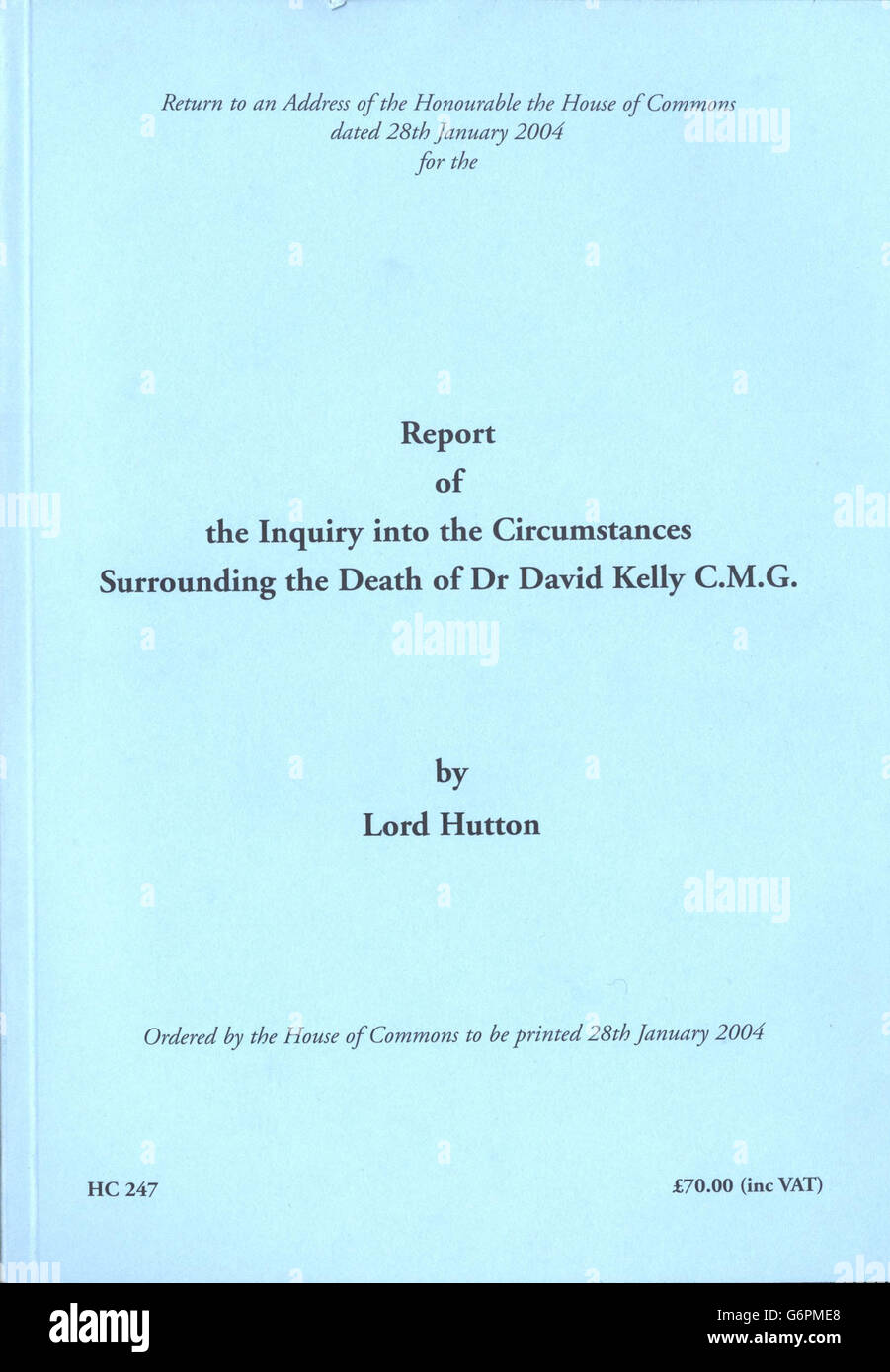 The front cover of the report by Lord Hutton into the events surrounding the death of weapons expert Dr David Kelly. In it he criticises reporter Andrew Gilligan, and BBC management and governors and declared that there was no 'underhand' Government strategy to make Dr Kelly's name public in its battle with the BBC over Mr Gilligan's claims on Radio 4's Today programme. Stock Photo