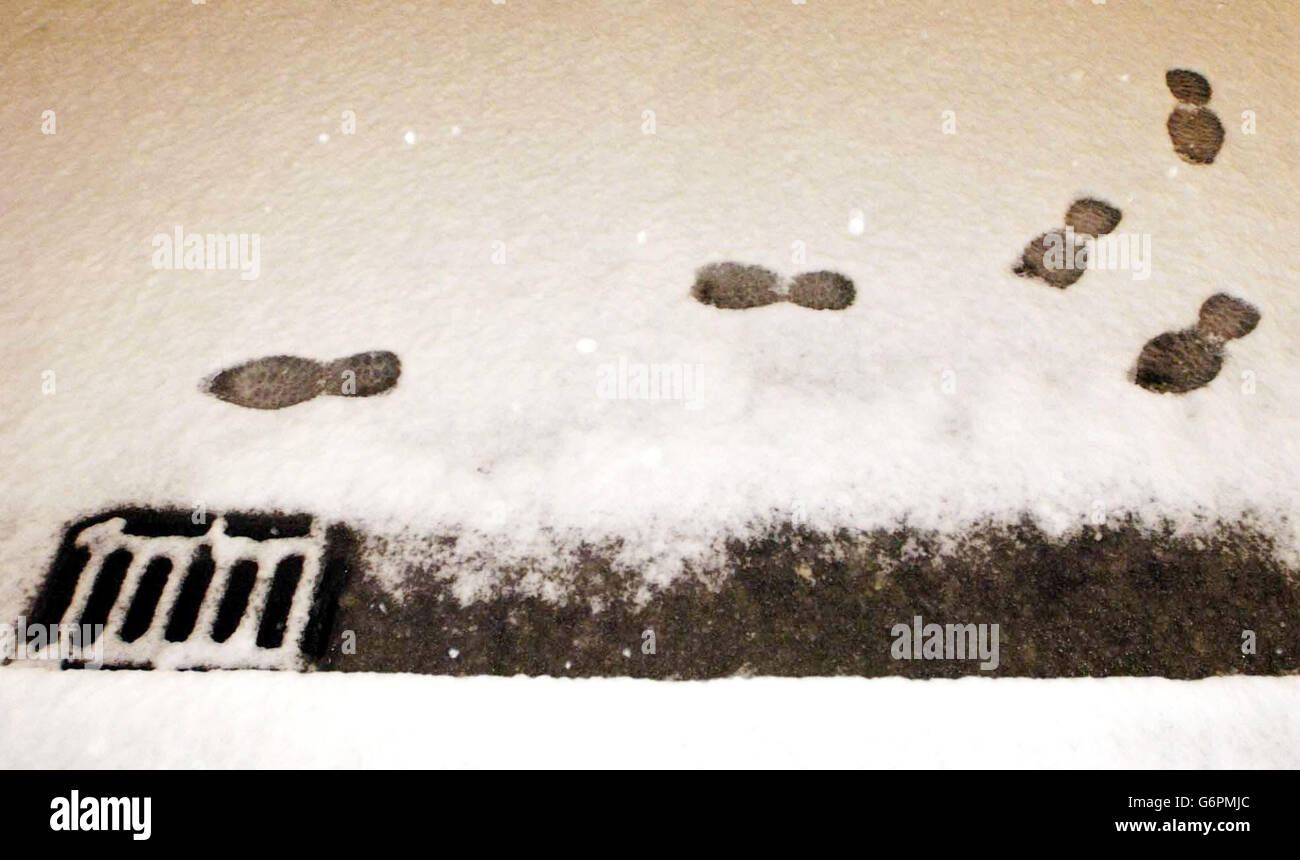 Snowy footprints. Footprints in the snow in Westminster, London. Stock Photo