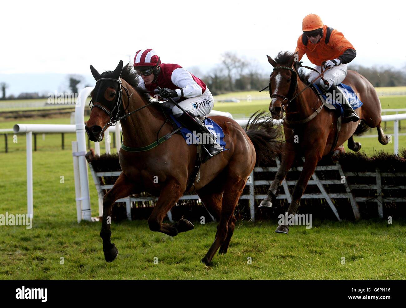 Tidy Zag ridden by Andrew McNamara (left) races clear of the last on the way to win the Fairyhouse For Fundraisers Handicap Hurdle at Fairyhouse Racecourse, Ratoath, Ireland. Stock Photo