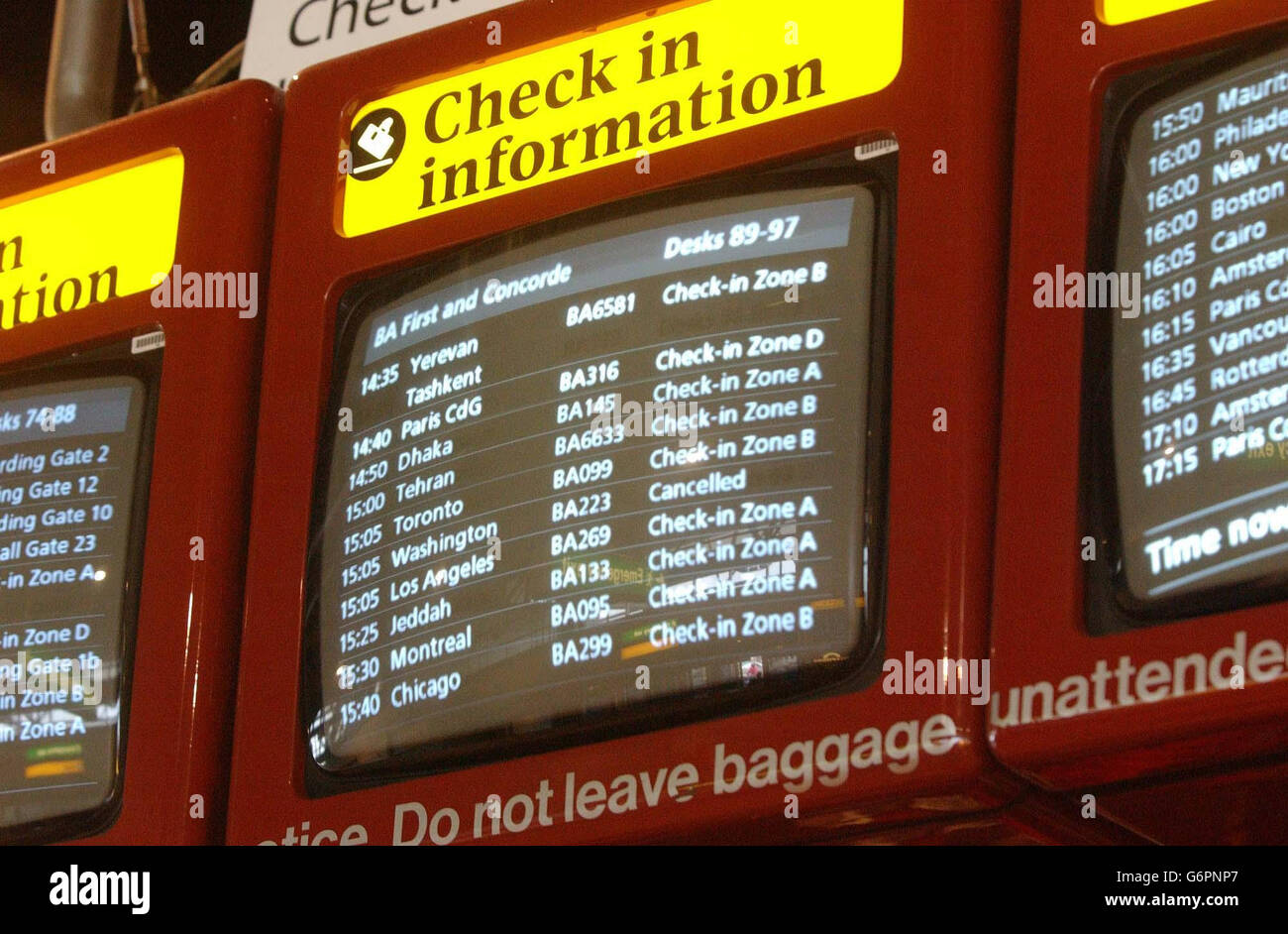 Cancelled British Airways flight BA 223 on the screen at Heathrow