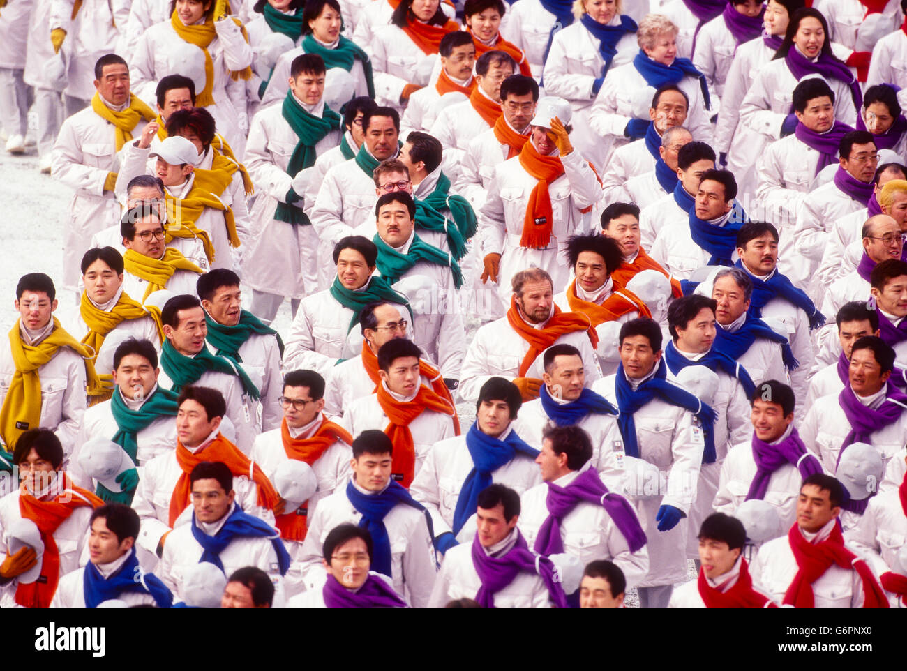 Team Japan marching in the Opening ceremonies at the 1998 Olympic Winter Games, Nagano, Japan Stock Photo