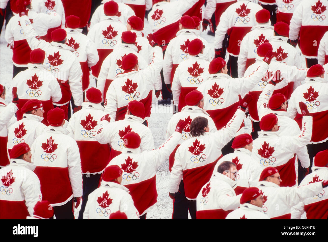 Team Canada marching in the Opening ceremonies at the 1998 Olympic Winter Games, Nagano, Japan Stock Photo