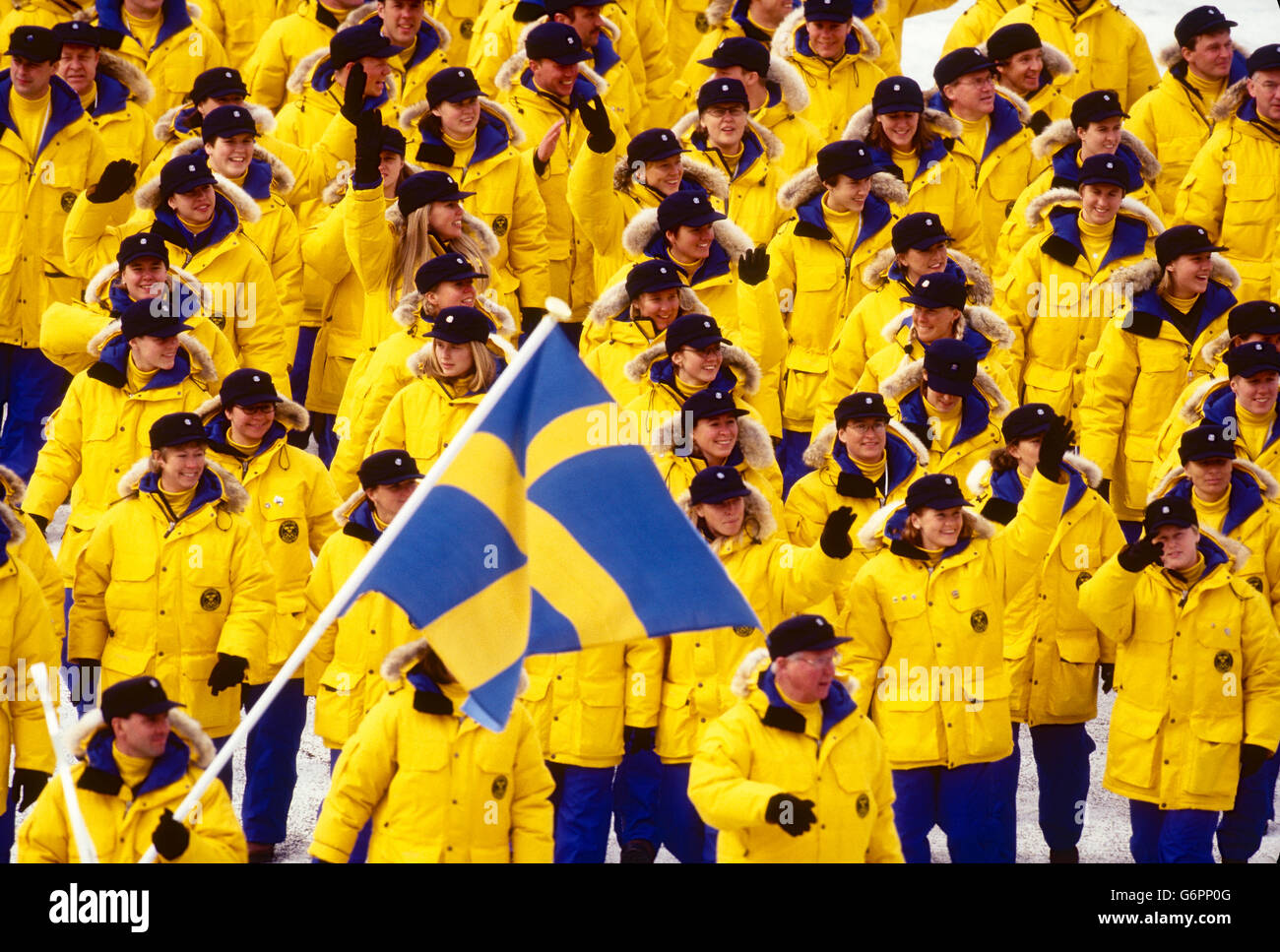 Team Sweden marching in the Opening ceremonies at the 1998 Olympic Winter Games, Nagano, Japan Stock Photo