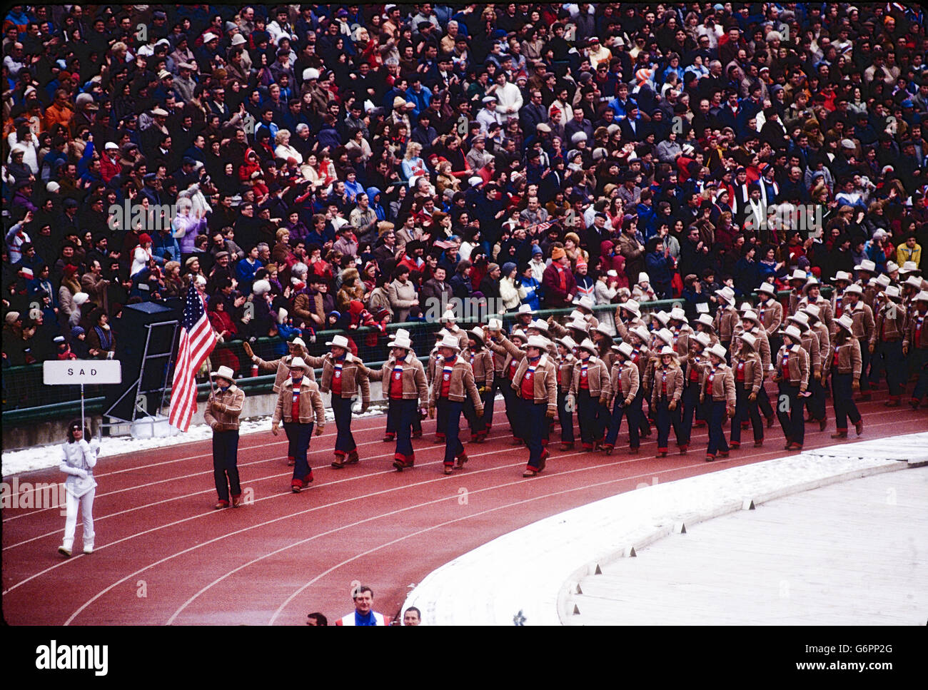 Frank Masley, Flag bearer leads Team USA marching in the Opening ceremonies at the 1984 Olympic