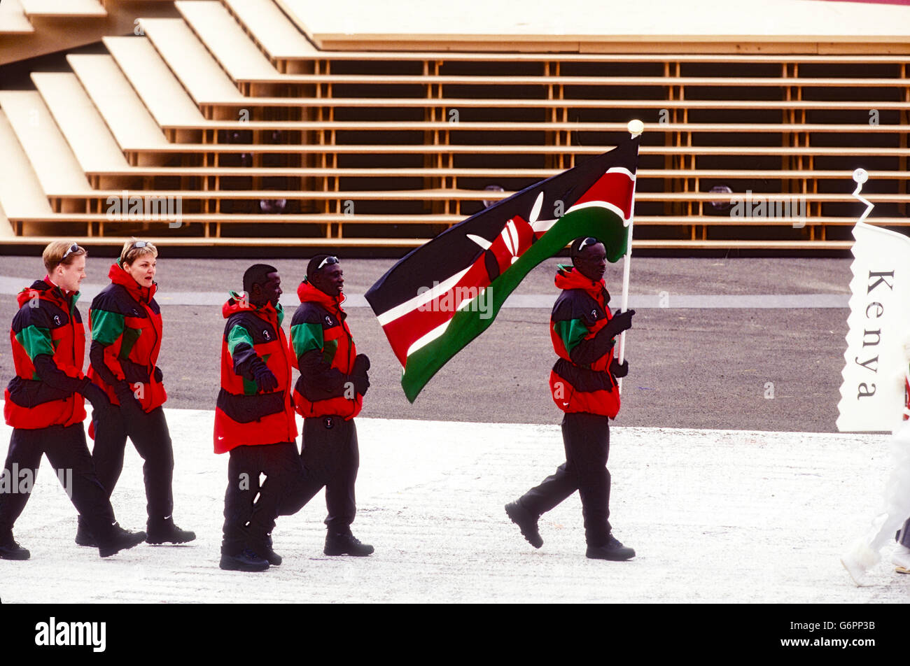 Team Kenya marching in the Opening ceremonies at the 1998 Olympic Winter Games, Nagano, Japan Stock Photo